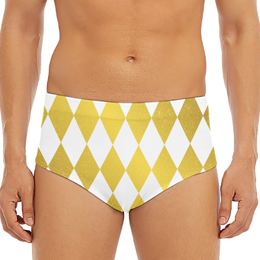 White And Gold Harlequin Pattern Print Men's Triangle Swim Briefs