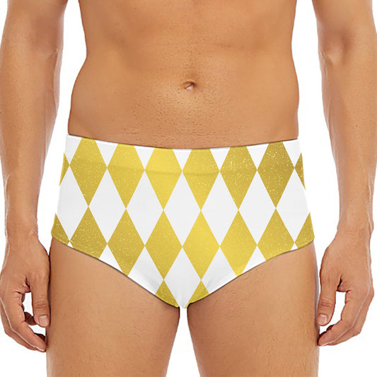 White And Gold Harlequin Pattern Print Men's Triangle Swim Briefs