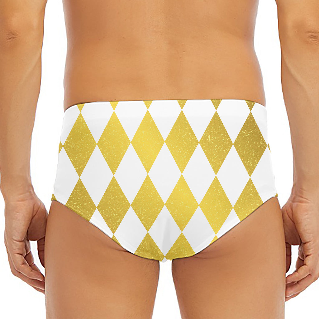 White And Gold Harlequin Pattern Print Men's Triangle Swim Briefs