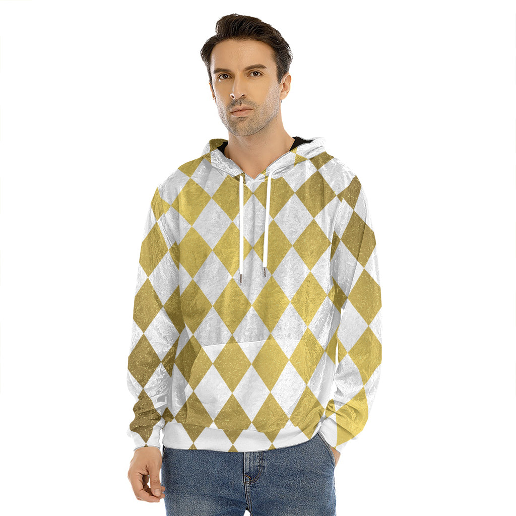 White And Gold Harlequin Pattern Print Men's Velvet Pullover Hoodie