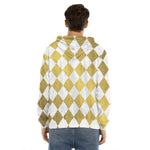 White And Gold Harlequin Pattern Print Men's Velvet Pullover Hoodie