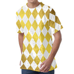 White And Gold Harlequin Pattern Print Men's Velvet T-Shirt
