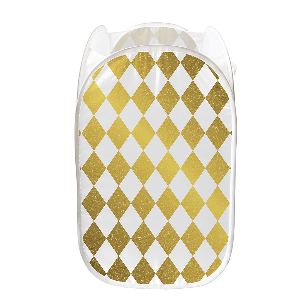White And Gold Harlequin Pattern Print Mesh Laundry Hamper