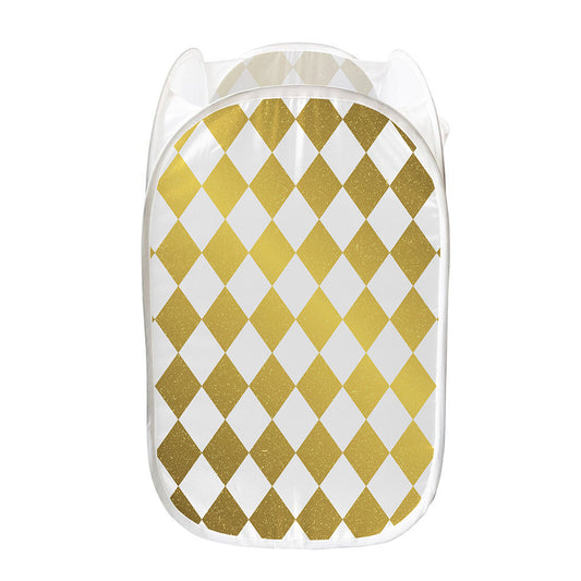 White And Gold Harlequin Pattern Print Mesh Laundry Hamper