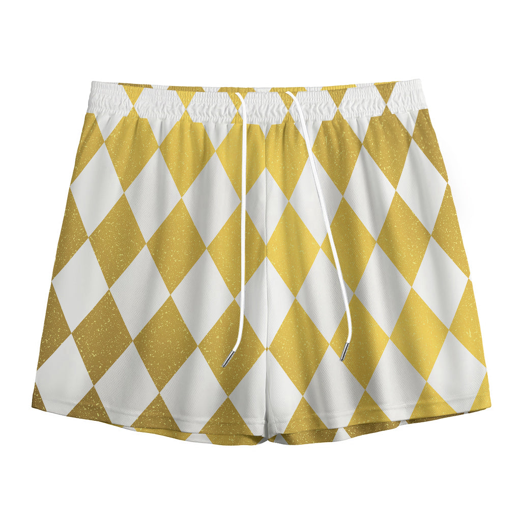 White And Gold Harlequin Pattern Print Mesh Shorts