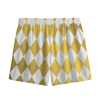 White And Gold Harlequin Pattern Print Mesh Shorts