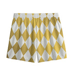 White And Gold Harlequin Pattern Print Mesh Shorts
