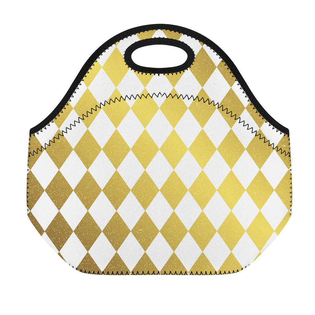 White And Gold Harlequin Pattern Print Neoprene Lunch Bag