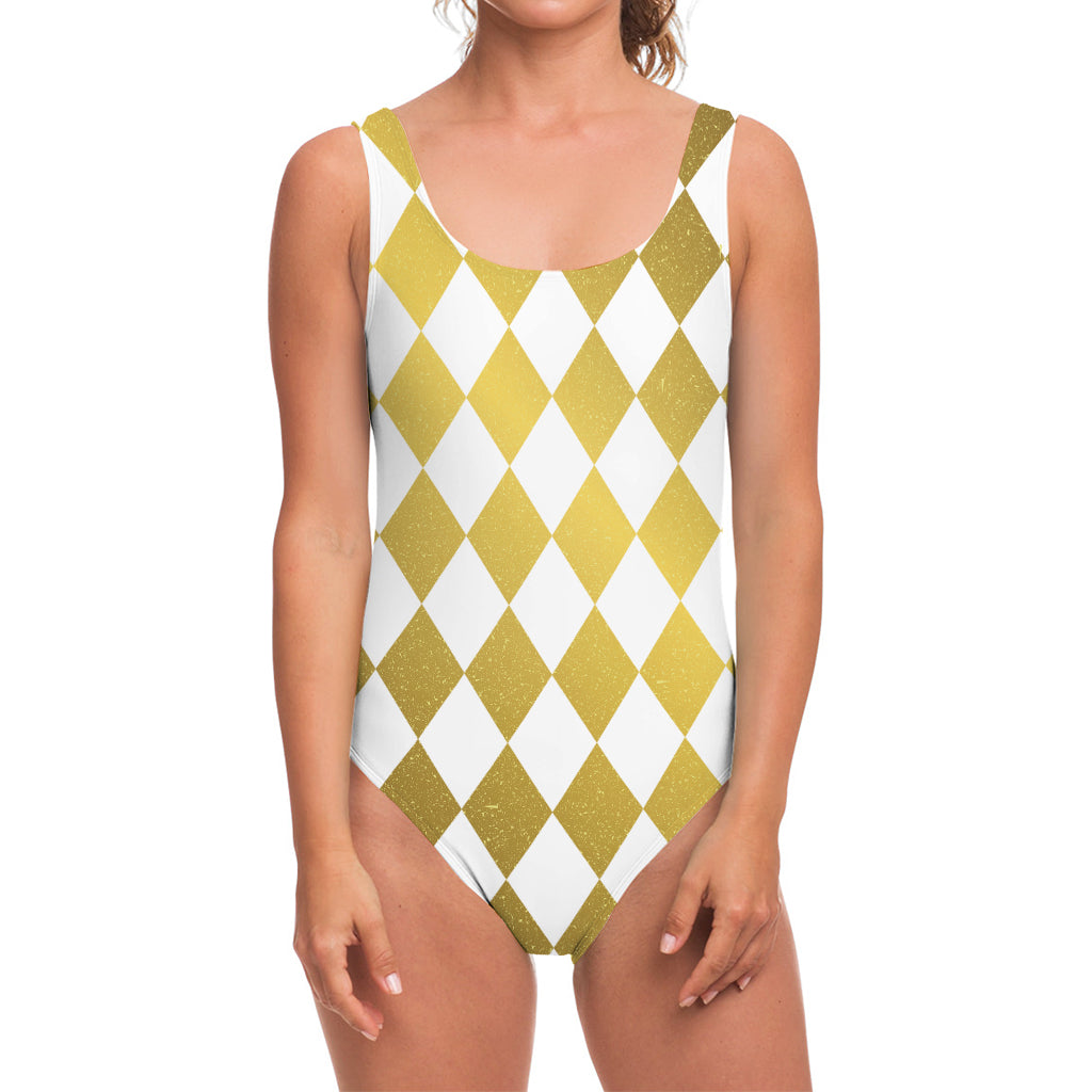 White And Gold Harlequin Pattern Print One Piece Swimsuit