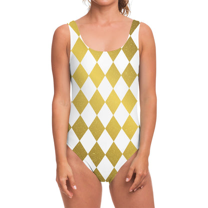 White And Gold Harlequin Pattern Print One Piece Swimsuit