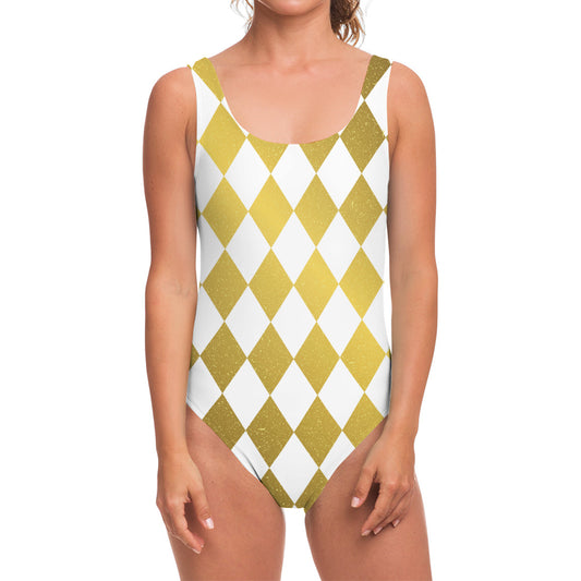White And Gold Harlequin Pattern Print One Piece Swimsuit