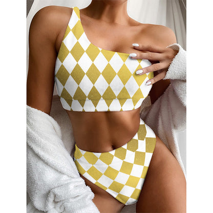 White And Gold Harlequin Pattern Print One Shoulder Bikini Top