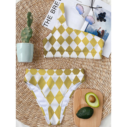 White And Gold Harlequin Pattern Print One Shoulder Bikini Top