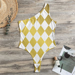White And Gold Harlequin Pattern Print One Shoulder Bodysuit