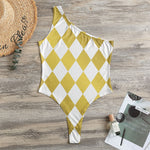 White And Gold Harlequin Pattern Print One Shoulder Bodysuit