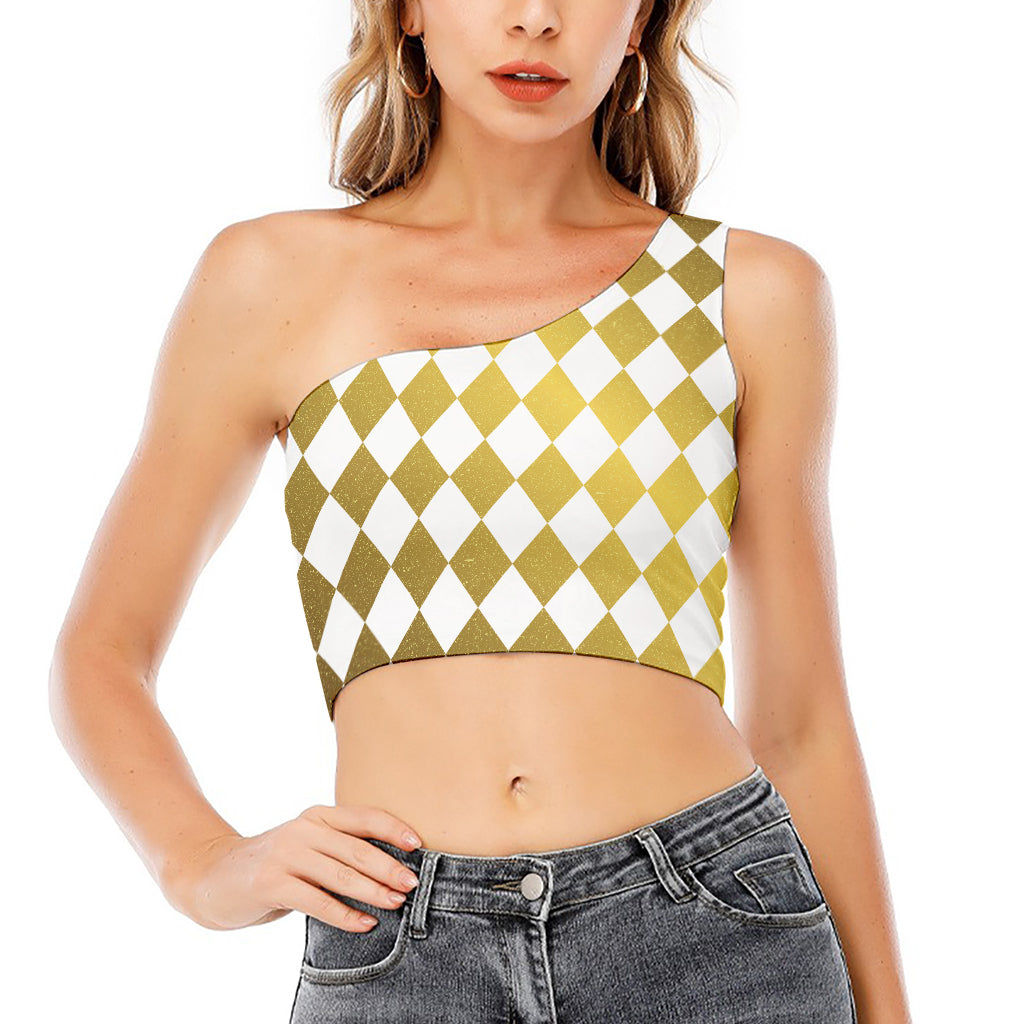 White And Gold Harlequin Pattern Print One Shoulder Crop Top