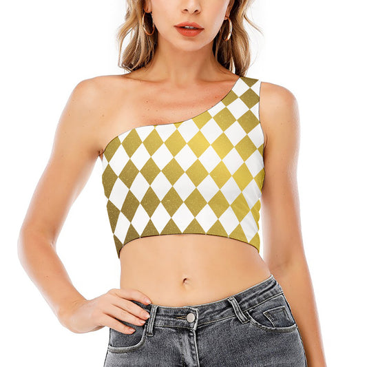 White And Gold Harlequin Pattern Print One Shoulder Crop Top