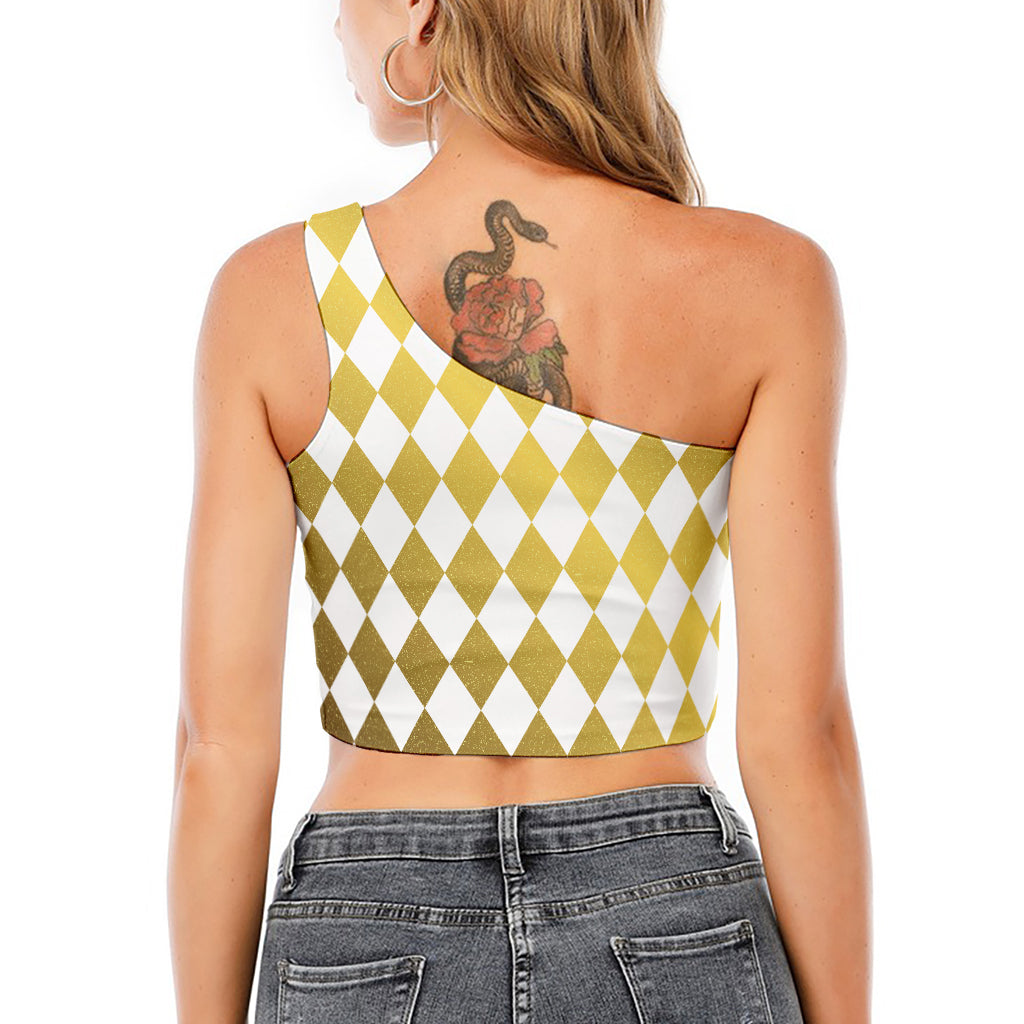 White And Gold Harlequin Pattern Print One Shoulder Crop Top
