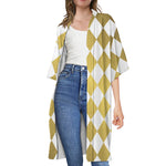 White And Gold Harlequin Pattern Print Open Front Beach Cover Up