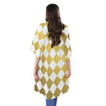 White And Gold Harlequin Pattern Print Open Front Beach Cover Up