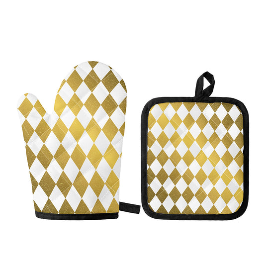 White And Gold Harlequin Pattern Print Oven Mitt And Pot Holder Set