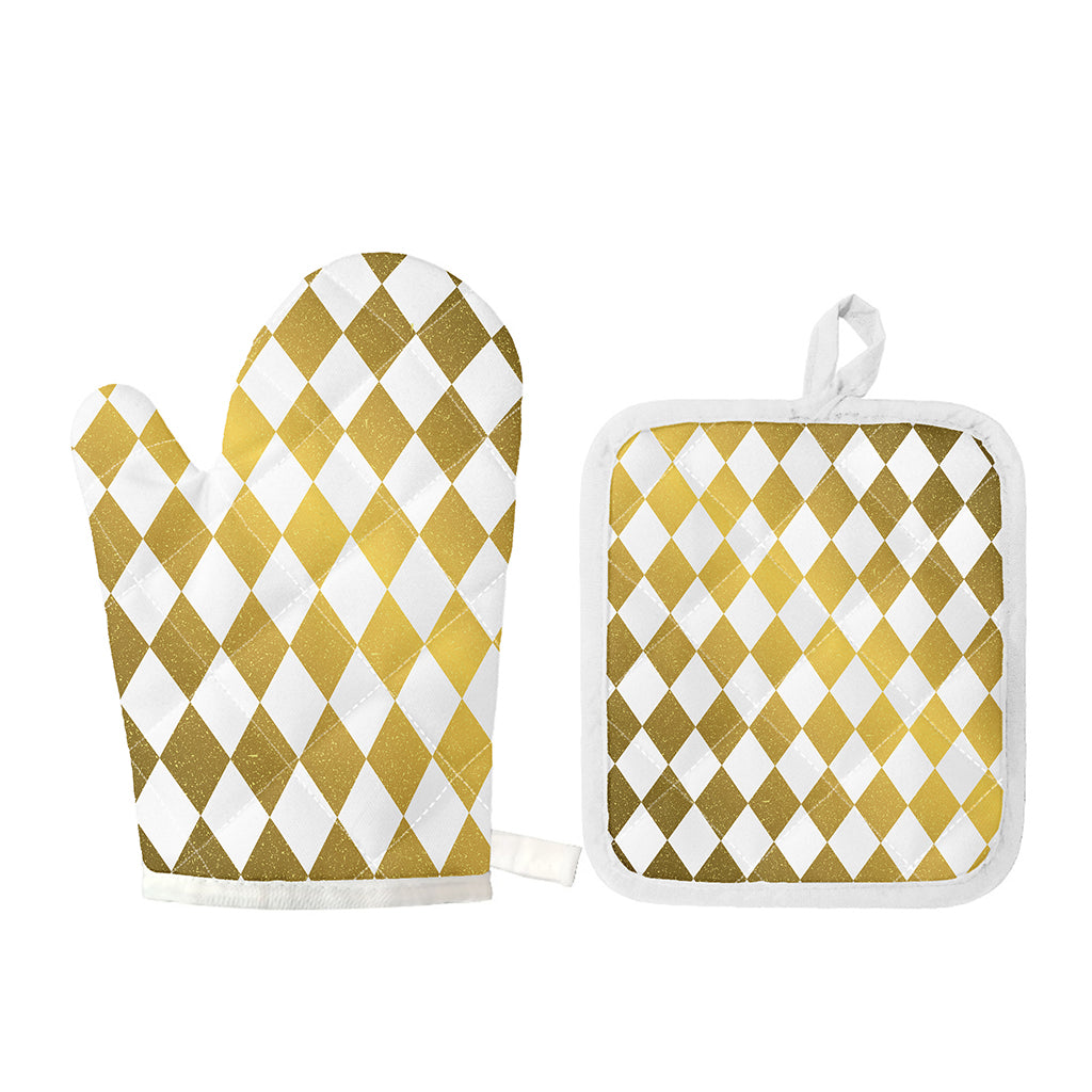 White And Gold Harlequin Pattern Print Oven Mitt And Pot Holder Set