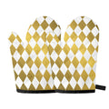 White And Gold Harlequin Pattern Print Oven Mitts