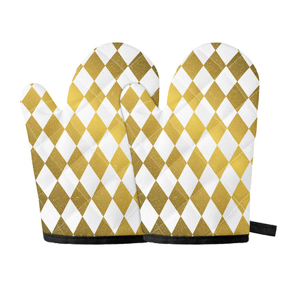 White And Gold Harlequin Pattern Print Oven Mitts