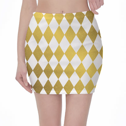 White And Gold Harlequin Pattern Print Pencil Mini Skirt