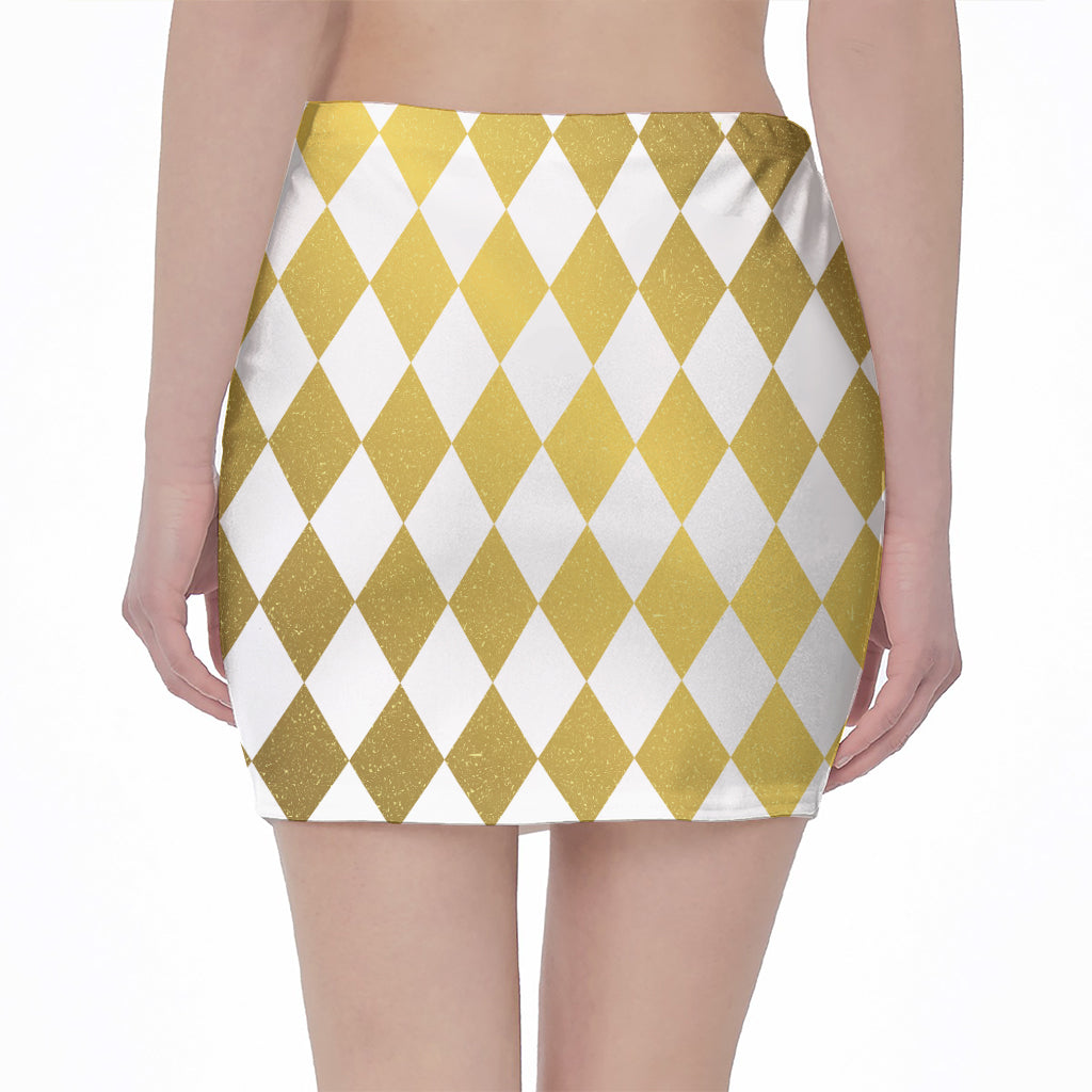 White And Gold Harlequin Pattern Print Pencil Mini Skirt