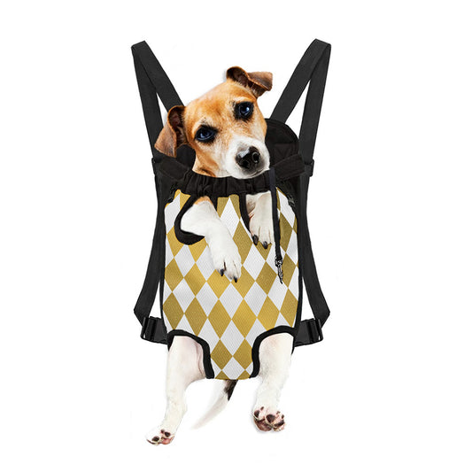 White And Gold Harlequin Pattern Print Pet Carrier Backpack