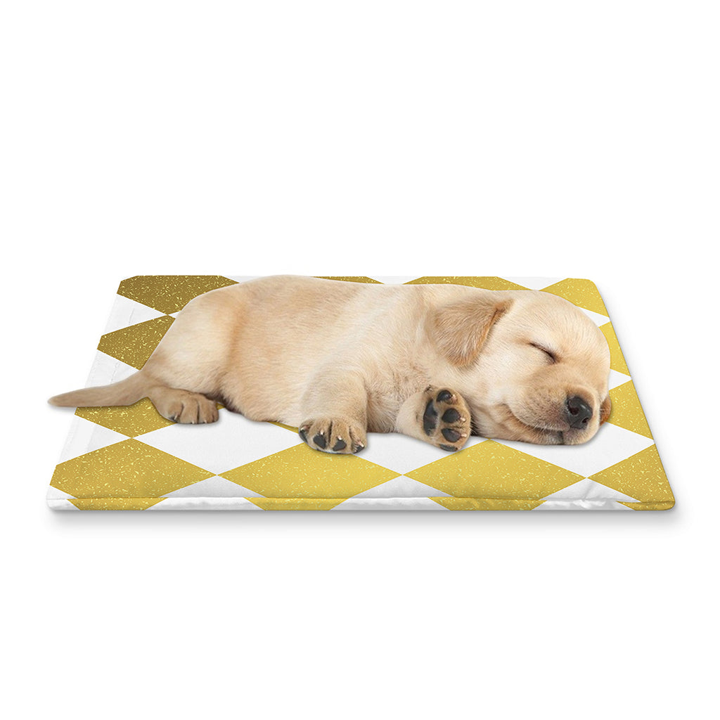 White And Gold Harlequin Pattern Print Pet Cooling Mat Cover