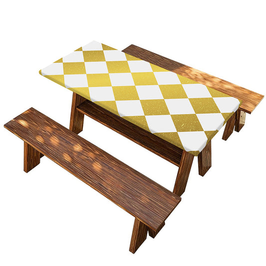 White And Gold Harlequin Pattern Print Picnic Table Cover