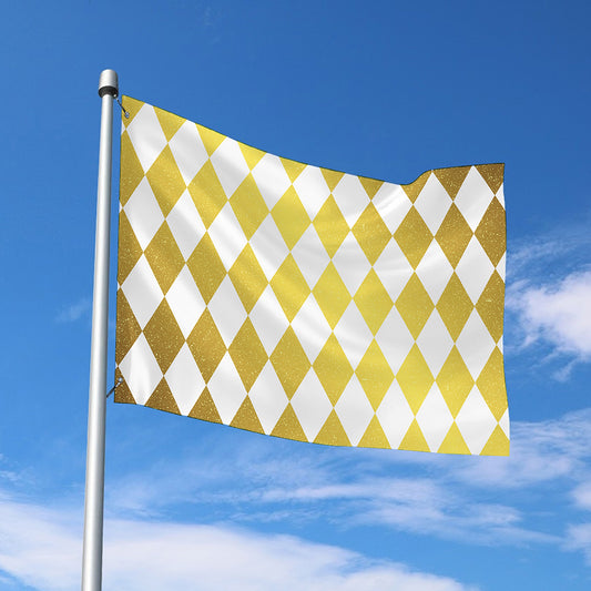 White And Gold Harlequin Pattern Print Polyester Flag