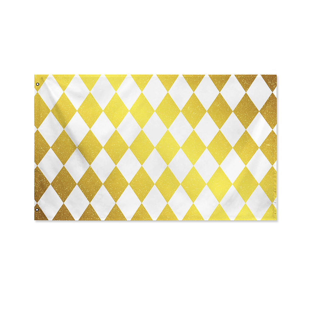 White And Gold Harlequin Pattern Print Polyester Flag
