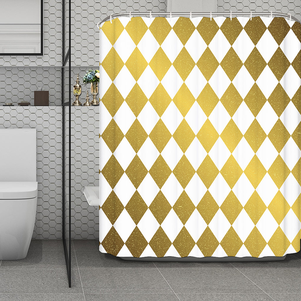 White And Gold Harlequin Pattern Print Polyester Shower Curtain