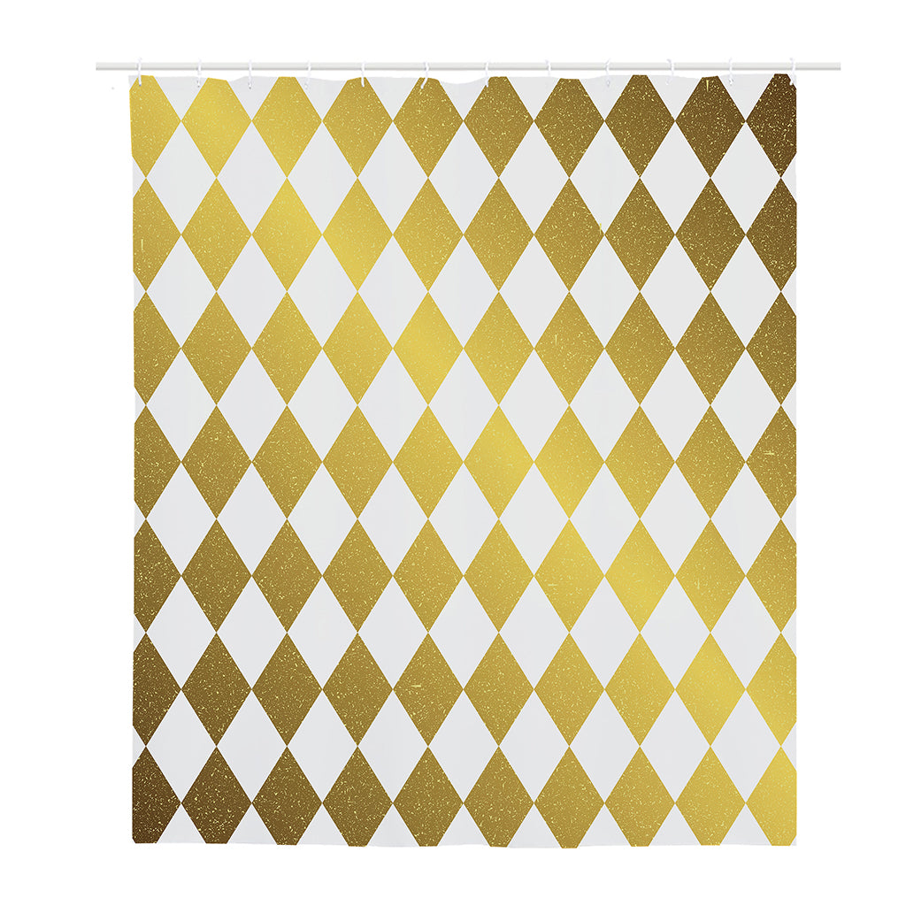 White And Gold Harlequin Pattern Print Polyester Shower Curtain