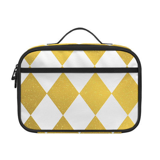 White And Gold Harlequin Pattern Print Portable Lunch Bag