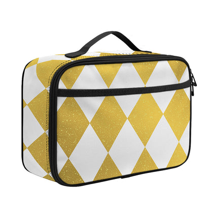 White And Gold Harlequin Pattern Print Portable Lunch Bag