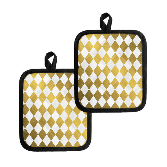 White And Gold Harlequin Pattern Print Pot Holders
