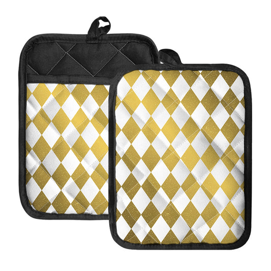 White And Gold Harlequin Pattern Print Pot Holders With Pocket