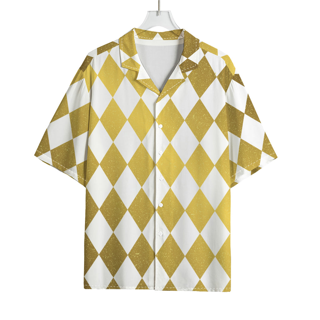 White And Gold Harlequin Pattern Print Rayon Hawaiian Shirt