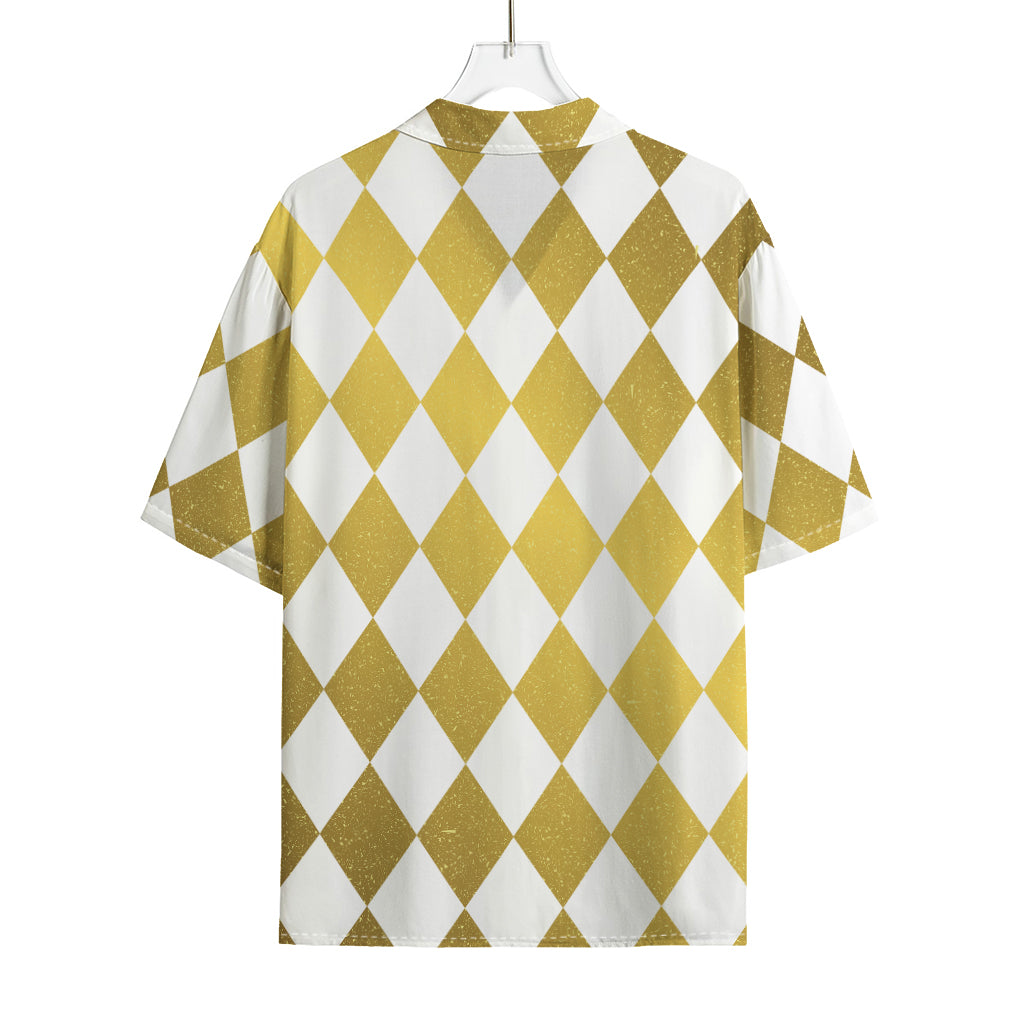 White And Gold Harlequin Pattern Print Rayon Hawaiian Shirt