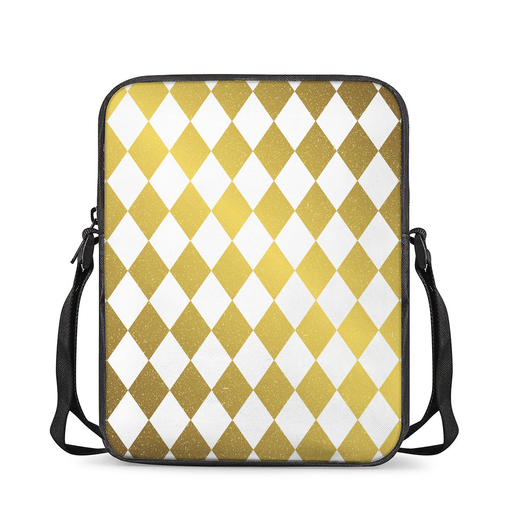 White And Gold Harlequin Pattern Print Rectangular Crossbody Bag