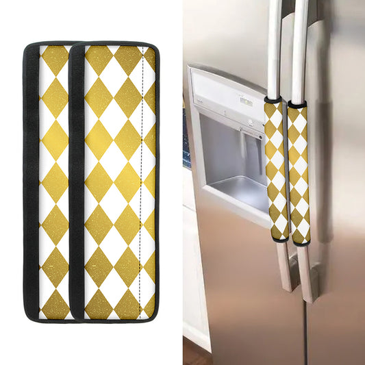 White And Gold Harlequin Pattern Print Refrigerator Handle Covers