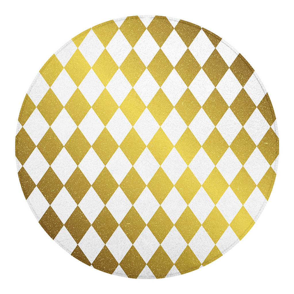 White And Gold Harlequin Pattern Print Round Blanket