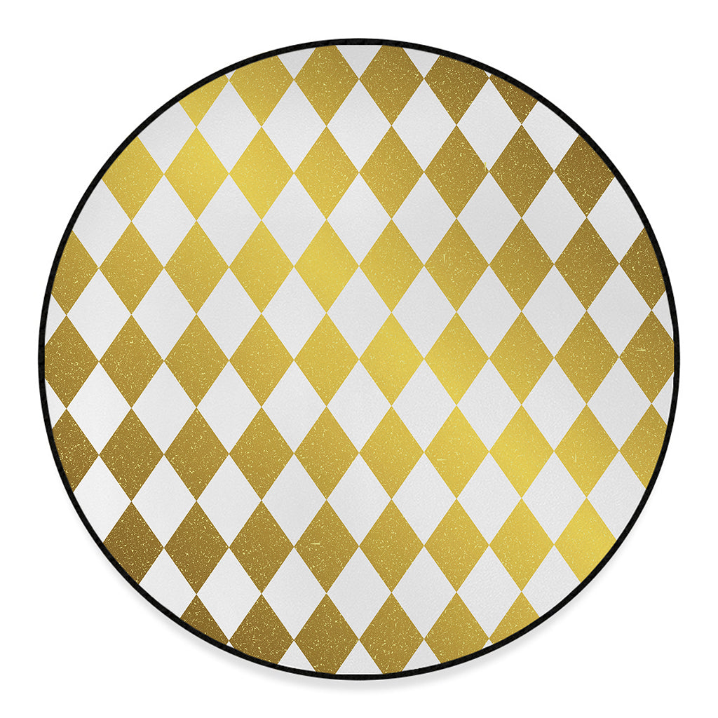 White And Gold Harlequin Pattern Print Round Floor Mat