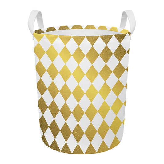 White And Gold Harlequin Pattern Print Round Laundry Basket