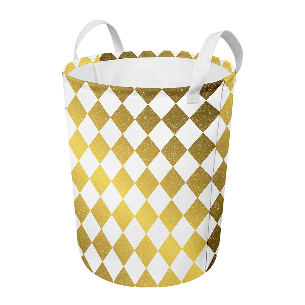 White And Gold Harlequin Pattern Print Round Laundry Basket