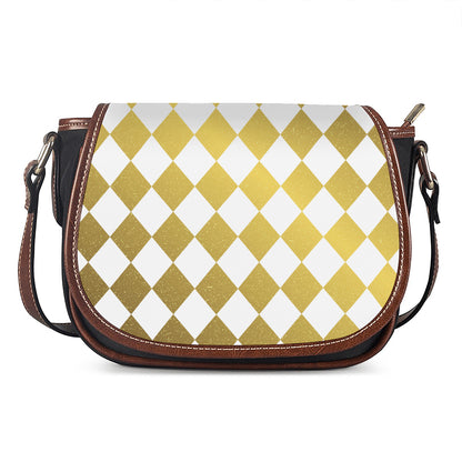 White And Gold Harlequin Pattern Print Saddle Bag